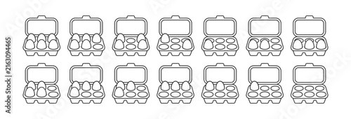 Egg carton with egg count icon outline set. Open cardboard tray full to empty states, farm food and grocery packaging symbol.