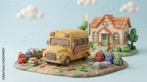 A small yellow school bus parked in front of a cute miniature school building with colorful backpacks and toys scattered around on a soft blue background in a 3d clay render style