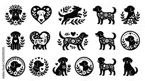 Folk art dog silhouettes, 15 floral puppy icons in black and white, decorative labrador pet illustrations for vinyl cutting and crafts