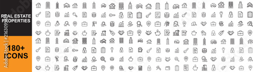 Real estate properties icon set. Collection of residential building, commercial architecture, property investment and mortgage contract line icon. editable stroke. Outline icon in linear style