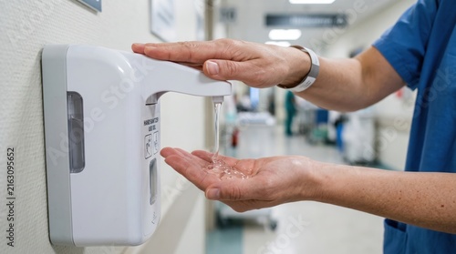 Healthcare professional using an automatic hand sanitizer dispenser in a medical facility corridor