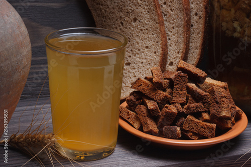 Homemade natural rye bread kvass. Rustic still life