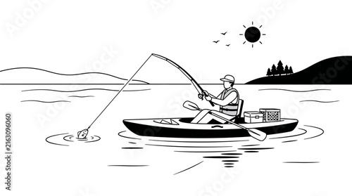 Person fishing from kayak on water under sunny sky with distant hills