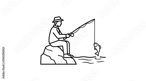 Person fishing from rock with rod catching fish on line