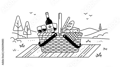 Picnic basket full of food and wine ready for outdoor leisure