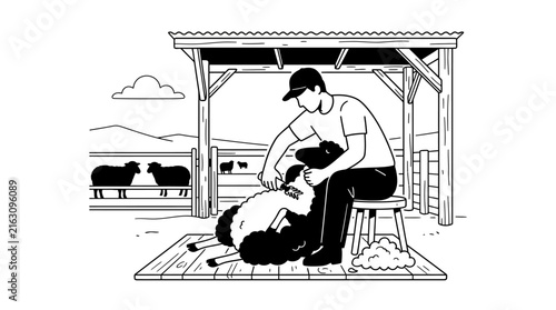 Person shearing a sheep on a wooden platform farm scene illustration