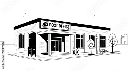 Public post office building facade with mailbox and pedestrians