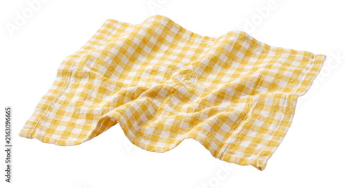 Crumpled yellow and white checkered kitchen towel or picnic cloth isolated on a black background.