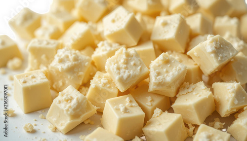 Heap of fresh transparent cheese cubes, diced dairy product for cooking and culinary background.