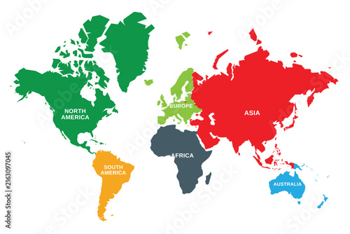 Colorful World Map with Labeled Continents and Distinct Regional Shapes. Global Geography Illustration for Education Travel and International Concepts