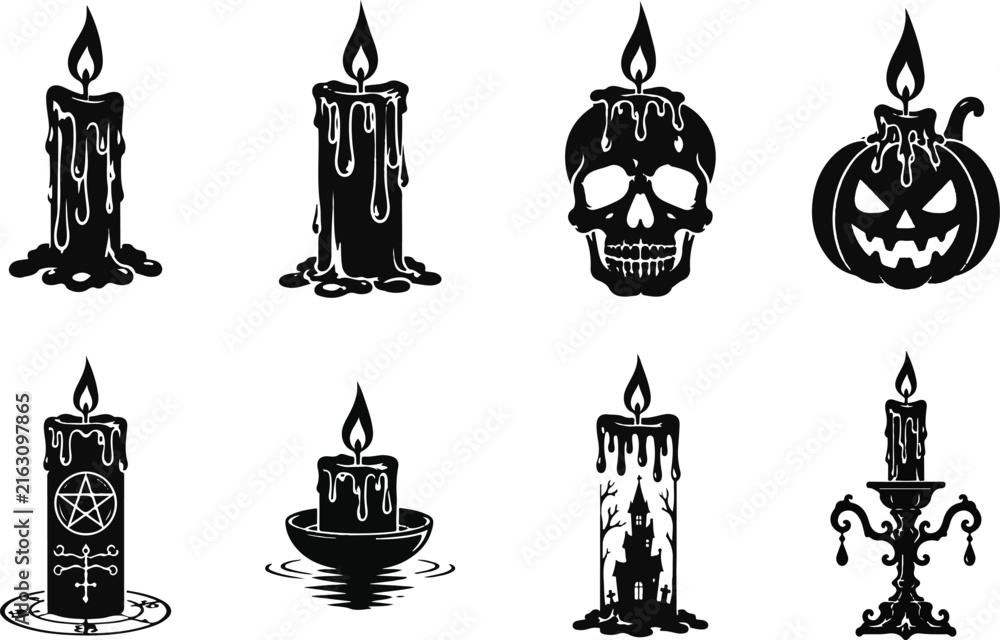 Naklejka premium Halloween Dripping Candle Silhouette Icons Set with Skull Pumpkin Gothic and Occult Elements