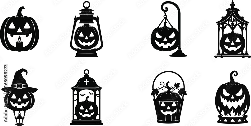 Fototapeta premium Halloween Jack O Lantern Silhouette Icons Set with Lanterns Witch Pumpkin Basket and Hanging Sign