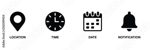 Фотография Date time icon set, calendar, location pin, clock, alarm bell, and notification symbols for scheduling, reminders, business planning, and alert systems