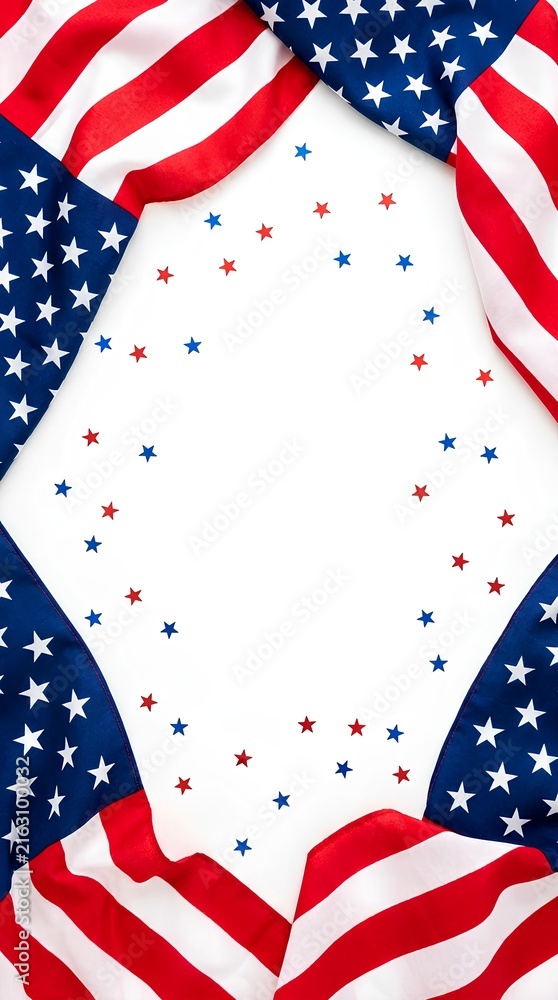 Obraz premium Patriotic frame with American flag patterns and star confetti surrounding a white copy space.