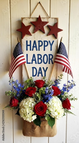 Patriotic floral arrangement with American flags for Labor Day.