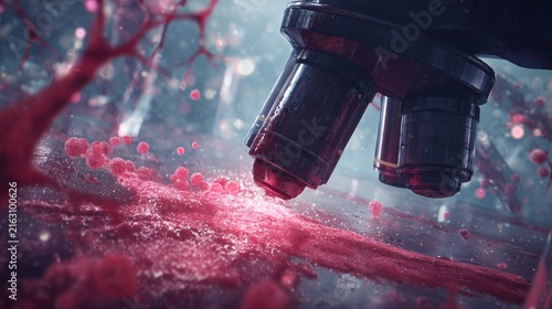Close-Up Microscope Lens Over Blood Sample in Laboratory Setting
