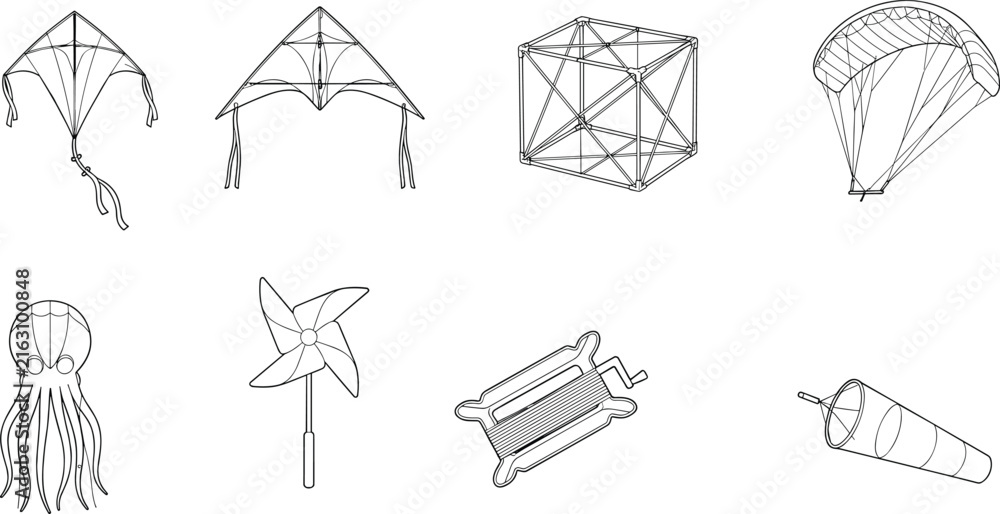 Obraz premium Flying Kites and Wind Toys Line Art Vector Collection Set Including Octopus Kite Pinwheel Reel and Windsock