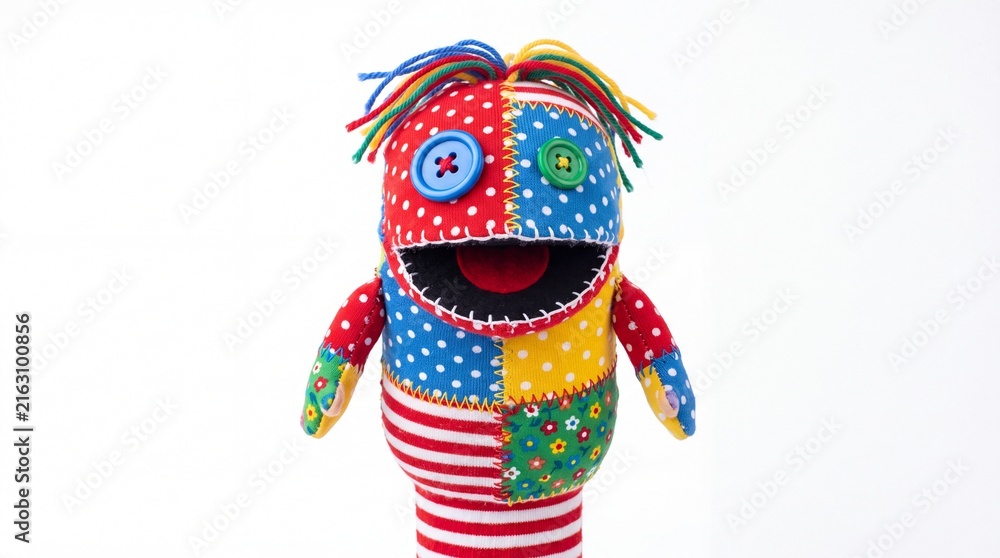 Obraz premium Colorful handmade puppet character featuring polka dot fabric and bright button eyes for storytelling created by artisan on white background
