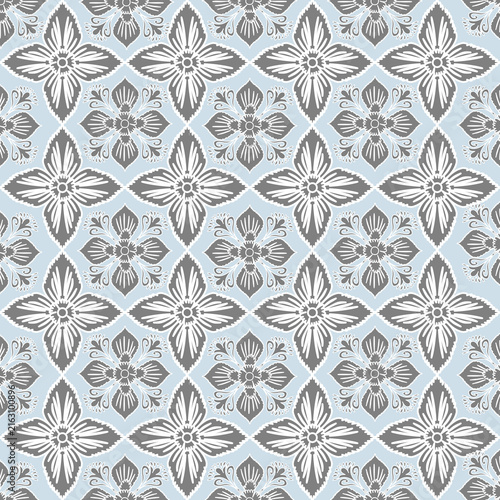 Ornate floral tile seamless pattern on light blue background, damask vector design