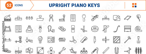 Upright piano keys line icon set. Vector pictograms of action, key, keybed, and hammer elements, thin linear illustration.