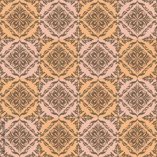 Traditional damask floral seamless pattern on peach checkered background, vector art
