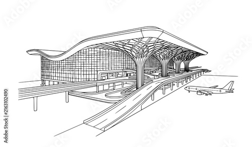 Mumbai Airport Terminal 2 Front Elevation Modern Architectural Line Art with Contemporary Roof and Facade Vector Illustration