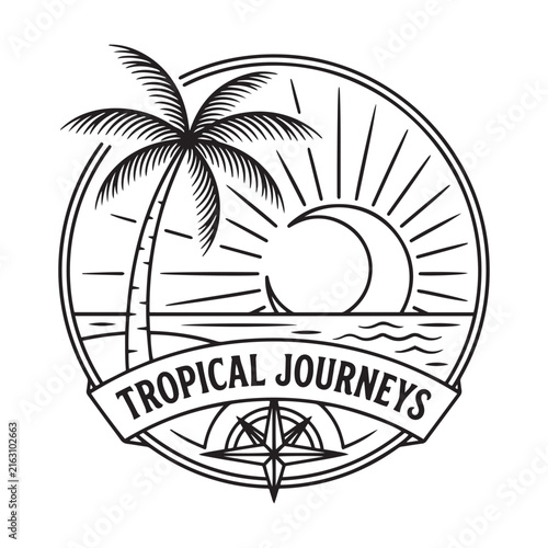 Palm tree and sunset illustration within a circular frame with text