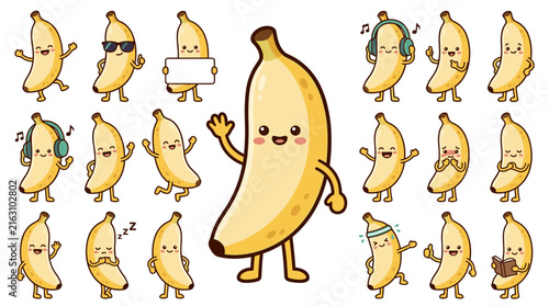 Cute banana fruit mascot character set vector with various funny poses listening to music holding sign reading and workout isolated on white background