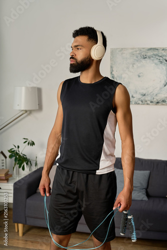A handsome young african american man stands in relaxation, preparing for his workout at home.