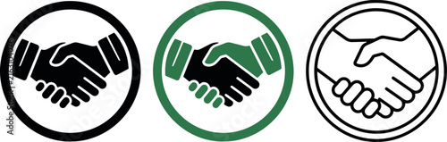 Three handshake icons in circles representing agreement partnership and business deals