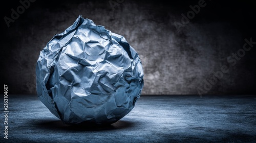 Crumpled Metallic Ball of Wrinkled Paper on Dark Surface Background