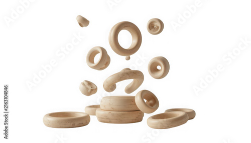 Floating wooden rings and circular shapes isolated on transparent background