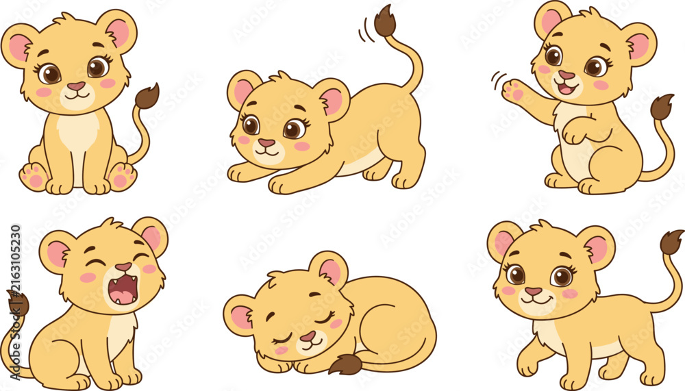 Obraz premium Kawaii baby lion bundle with different wild animal poses like stretching resting winking sleeping yawning and standing up cheerful flat sticker design vector