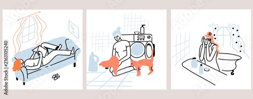 Girl spending weekend at home set. Woman relaxing, resting. Solo lifestyle, leisure and housework activities.  Hand drawn vector line illustration.