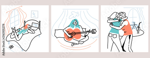 Girl spending weekend at home set. Woman relaxing, resting. Solo lifestyle, leisure and housework activities.  Hand drawn vector line illustration.