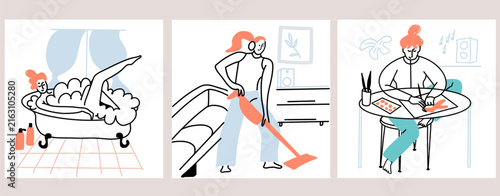Girl spending weekend at home set. Woman relaxing, resting indoor alone. Solo lifestyle, leisure, housework activities, hand drawn vector line illustration.