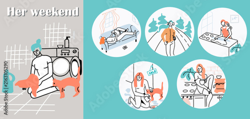 Girl spending weekend at home set. Woman relaxing, resting. Solo lifestyle, leisure and housework activities. Hand drawn vector line illustration.