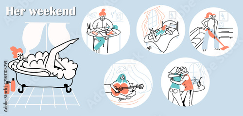 Girl spending weekend at home set. Woman relaxing, resting. Solo lifestyle, leisure and housework activities. Hand drawn vector line illustration.