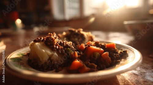 Delicious Lentil Dish with Mashed Potato in Warm Natural Light