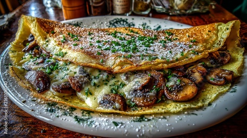 Delicious Mushroom Omelette with Cheese and Fresh Herbs on Plate