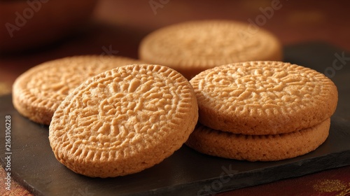 Delicious Round Biscuits Stacked on a Dark Slate Surface