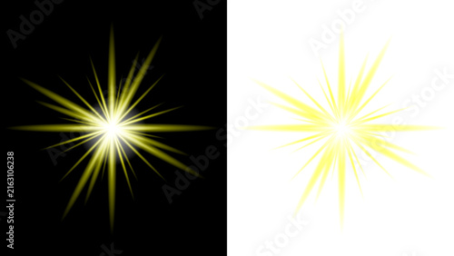 Bright yellow lens flare and starburst light effect isolated on black and white background