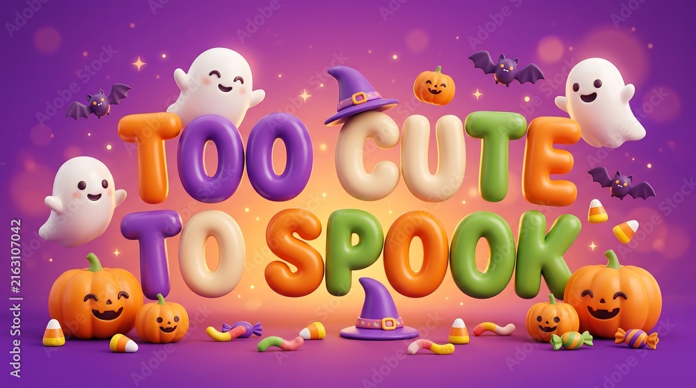 Fototapeta premium Colorful halloween-themed spooky ghosts and pumpkins celebrating too cute spoof party with cartoon characters