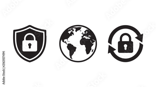VPN and global secure connection icon set with shield and network symbols for cyber security concepts