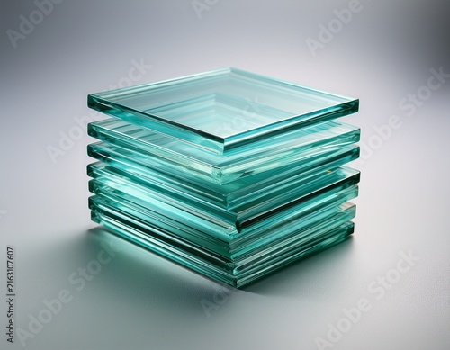 stacked glass sheets light teal color on light gray background
