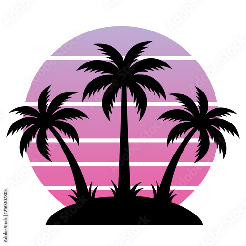 Retro synthwave style palm trees silhouette on a sunset circle background podium