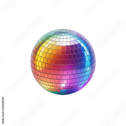 Vibrant disco ball spinning with colorful mirrored tiles reflecting light