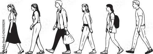 Group of People Walking Side View Line Art Illustration in High Contrast Black and White Ink Style