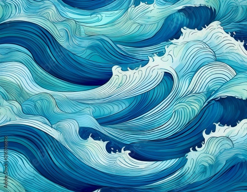seamless abstract turquoise blue rolling ocean waves seascape painting background texture contemporary tileable nautical sea water backdrop or summer vacation beach theme digital art pattern