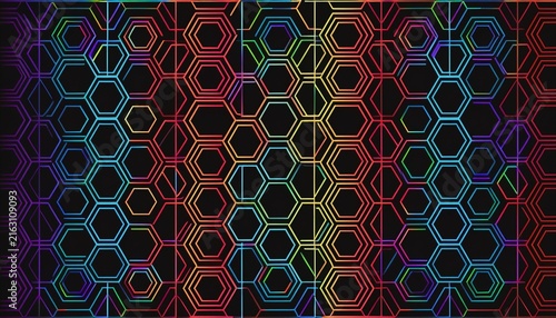 seamless banner with colorful hexagon pattern overlapping geometric honeycomb outline on black background modern technology network design
